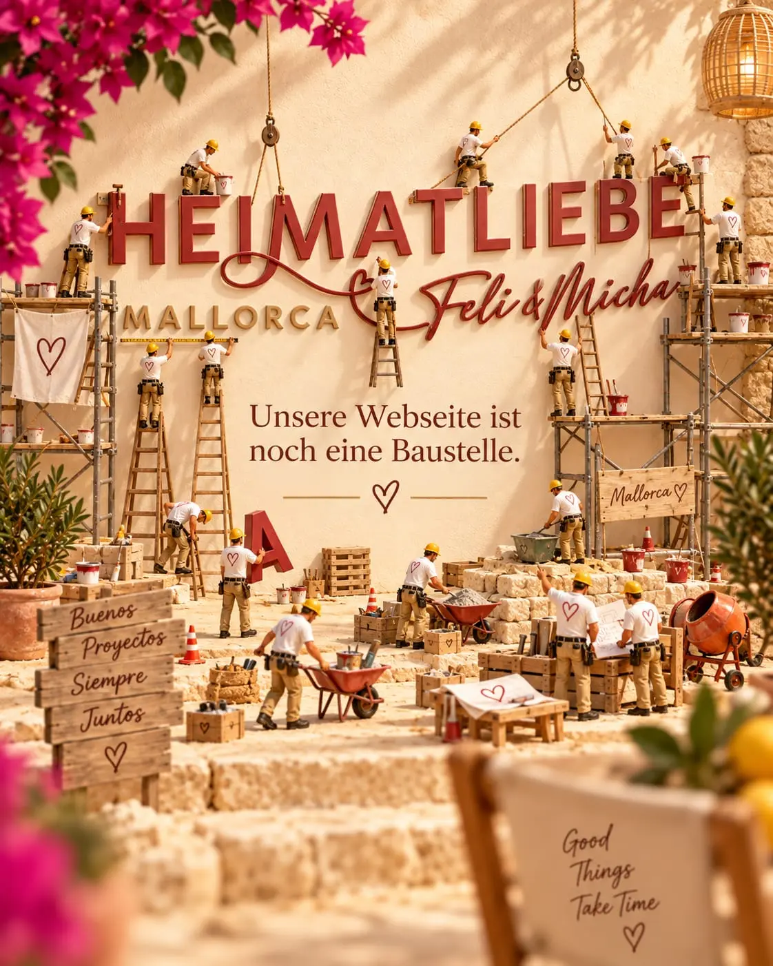 Heimatliebe Mallorca als liebevoll gestaltete Baustelle mit kleinen Handwerkern